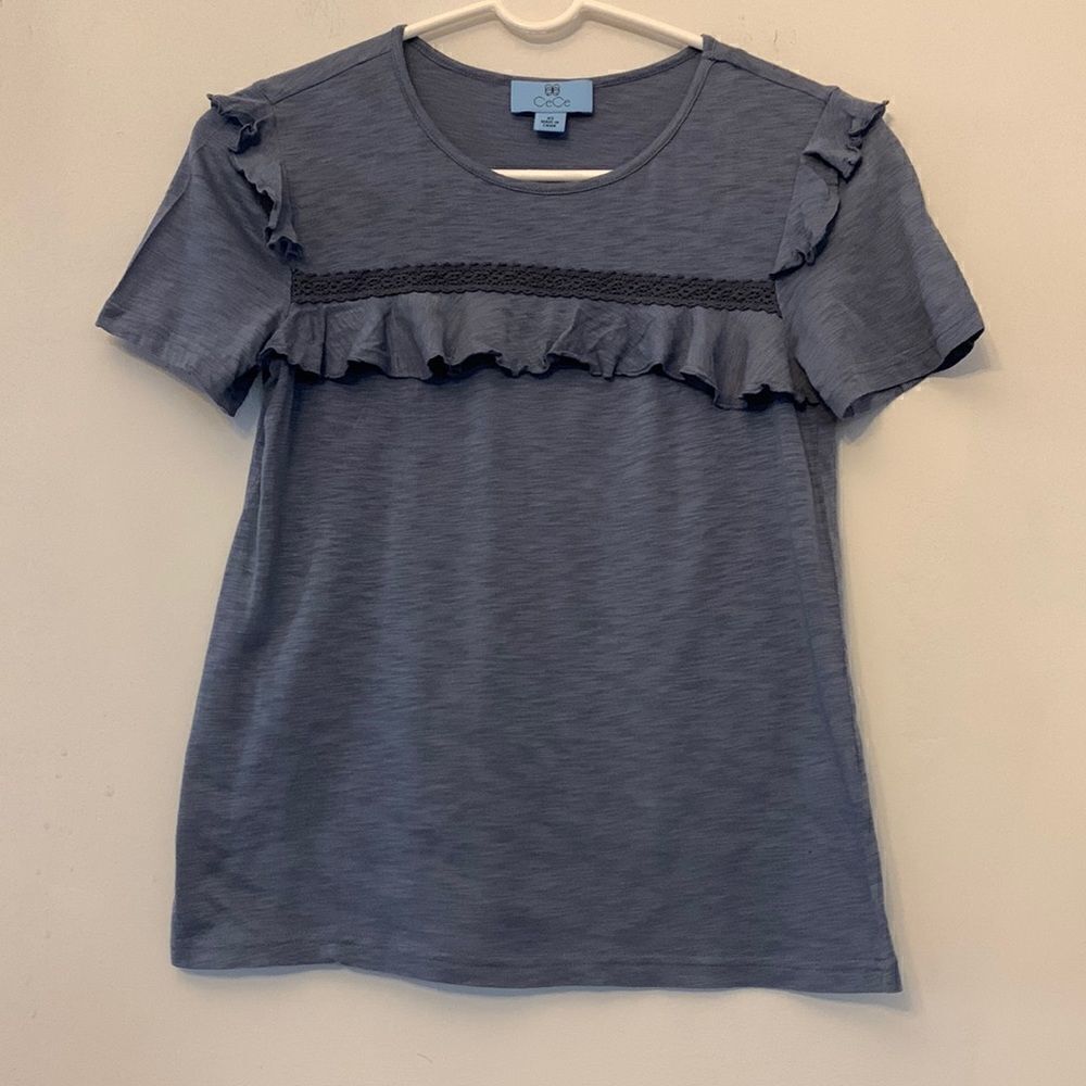 CeCe short sleeve blue ruffled tee. Size XS Length 21” Bust about 13”